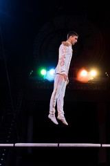 handsome gymnast balancing near pole in arena of circus