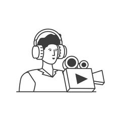 young man with earphones and video camera