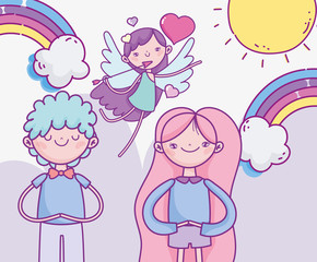 happy valentines day, cute couple and flying cupid with arrow hearts rainbow love