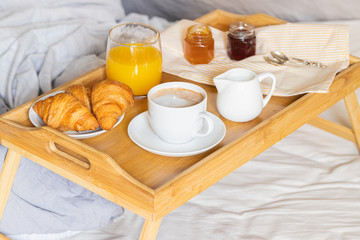 Breakfast on the bed. Good morning concept.
