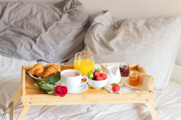Breakfast on the bed. Good morning concept.