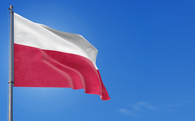 Poland flag waving in the wind against deep blue sky. National theme, international concept. Copy space for text.