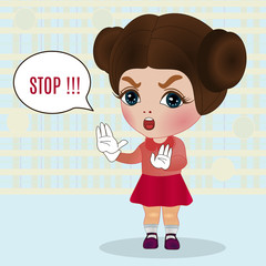 emoticon with a cool strict angry girl that shows the Stop gesture with two hands, color vector emoji on checkered background