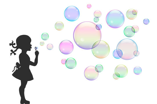 Girl with colorful bubbles. Vector illustration.