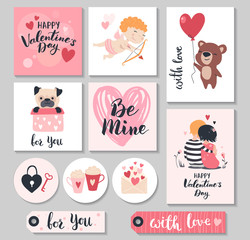 Valentine day gift tags with cute cupid, couple and hearts. Vector illustration.