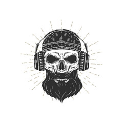 Hipster skull with headphones and bandana. Vector illustration.