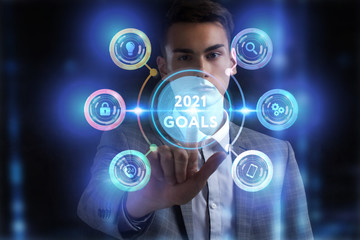 Obraz premium Business, Technology, Internet and network concept. Young businessman working on a virtual screen of the future and sees the inscription: