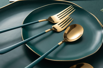 Beautiful tableware on green background