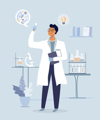 Scientist in lab. Science experiment in  medical laboratory. Vector illustration