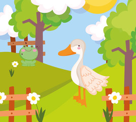 goose and frog grass flowers fence trees farm animal cartoon