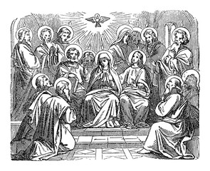 Antique vintage biblical religious engraving or drawing of choosing disciple Matthias as Judas successor as apostle. Bible, New Testament,Acts 1. Biblische Geschichte , Germany 1859. © Zdenek Sasek