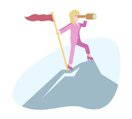 A businesswoman stands on top of a mountain and looks through a telescope. Business concept, employee selection. Vector illustration in modern flat style.