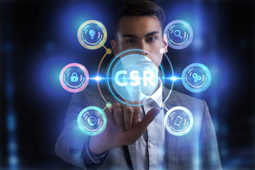 Fototapeta premium Business, Technology, Internet and network concept. Young businessman working on a virtual screen of the future and sees the inscription: