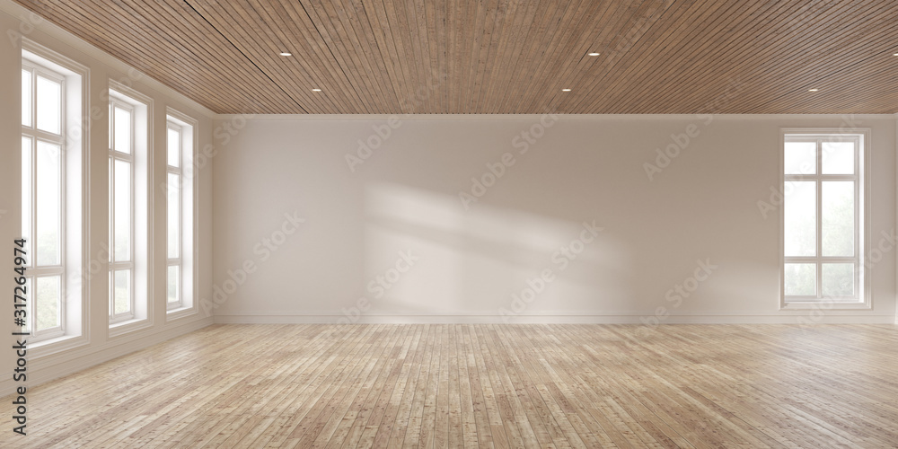 Fototapete mock-up of white empty room and wood laminate floor with sun light cast the shadow on the wall,persp