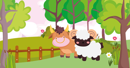 Obraz na płótnie Canvas bull and ram wooden fence trees flowers farm animal cartoon