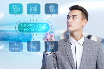 Business, Technology, Internet and network concept. Young businessman working on a virtual screen...