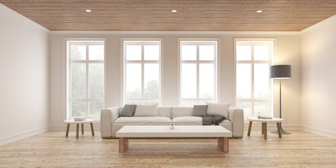 Perspective of modern scandinavian living room style with white sofa and lamp on nature background, sun light cast shadow in the room,timber interior design - 3D rendering.