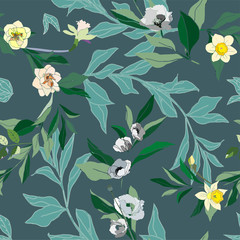 Seamless pattern with flower of narcissus and leaves. Tropical flowers vector illustration.