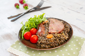 Green lentils with smoked pork sausage smoked choice, carrots and onions