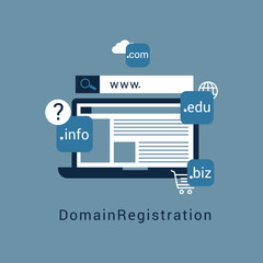 Vector illustration of registration & domain name concept with "domain" web and website hosting icon