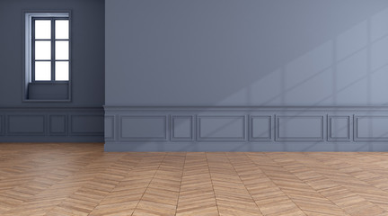 Perspective of the empty room with wood laminate floor in classic style of interior design. 3d rendering