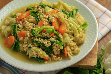 Close up portrait of vegetarian chinese food cap cay. Delicious traditional indonesian food delicacy