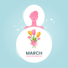 International women's day greeting card design. Beautiful woman with a bouquet of tulips in the form of number 8. Congratulatory banner in pastel colors. Vector illustration.