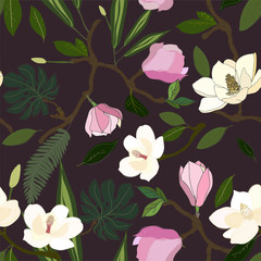 Leaves, twigs and flowers artistic seamless pattern.