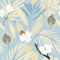 Leaves, twigs and flowers artistic seamless pattern.