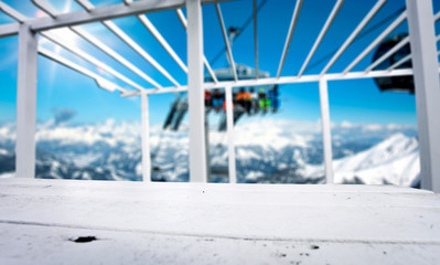 Desk of free space and ski time in mountains. 