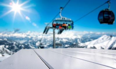 Fototapeta na wymiar Desk of free space and ski time in mountains. 
