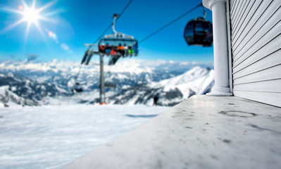 Desk of free space and ski time in mountains. 