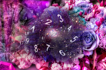 Numbers on the background of bouquets with flowers, numerology