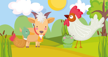 goat rooster duck and frog trees farm animal cartoon