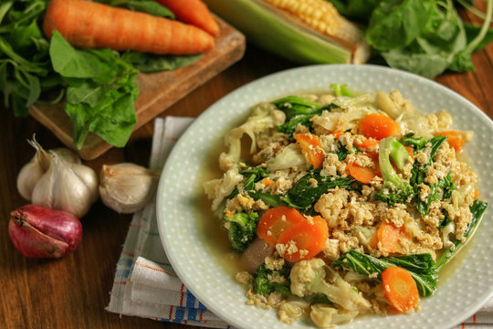Close up portrait of vegetarian chinese food cap cay. Delicious traditional indonesian food delicacy