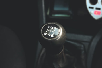 Manual transmission in the car. Old type of gear box.