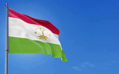 Tajikistan flag waving in the wind against deep blue sky. National theme, international concept. Copy space for text.