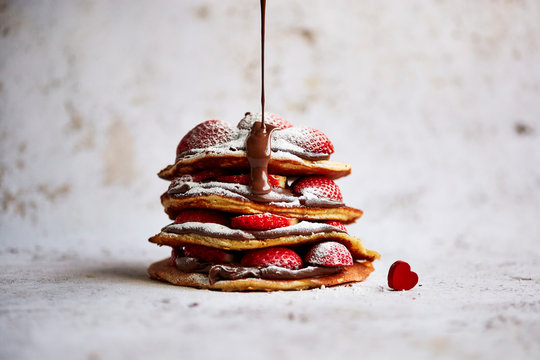 Close up of chocolate and strawberry pancake