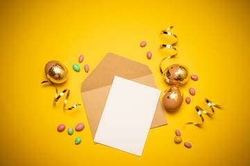 Empty envelope with a blank sheet of paper on a yellow background. Layout or template for banner, article, product advertisement.