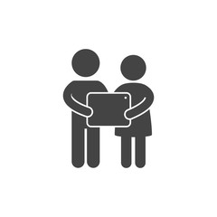 Icon of couple using gadget. Virtual communicstion concept. Stock vector illustration isolated on white background.