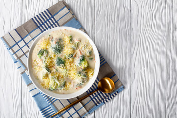 close-up of broccoli and cheddar cheese soup