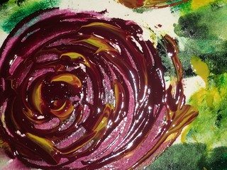 rose painted with red watercolor paint with green leaves on watercolor paper