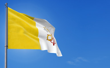 Vatican City flag waving in the wind against deep blue sky. National theme, international concept. Copy space for text.