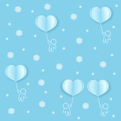 Blue balloons with people are floating in Snow flake for Valentine's Day or Mother's Day. The pattern of love from vector illustration for Background, Wrapping Paper, Wallpaper, Textile, Fabric.