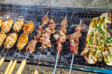 Outdoor roast fresh delicious mutton kebabs