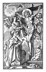 Fototapeta na wymiar Antique vintage biblical religious engraving or drawing of crucified Jesus hanging on the cross with angels and Mary Magdalene Around.Bible,New Testament,Mittlerer Himmelsschlussel, Neuhaus, Germany