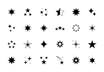 Star burst flat line icons set. Vector sparkling flash festive signs. Twinkle glitter glow illustration, starry night falling star pictogram design