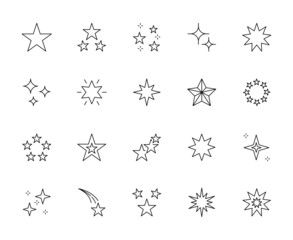 Star burst line icons set. Vector sparkling flash festive outline signs. Linear twinkle glitter glow illustration, starry night falling star pictograms