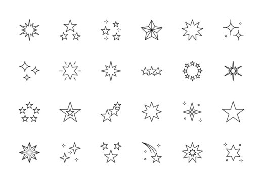 Star burst line icons set. Vector twinkle glitter glow illustration, starry night falling star pictograms. Sparkling flash festive outline signs