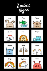 Zodiac signs hand drawn vector illustrations set in cartoon comic style scorpio leo saggitaurius cancer gemini taurus libra aries aquarius pisces virgo